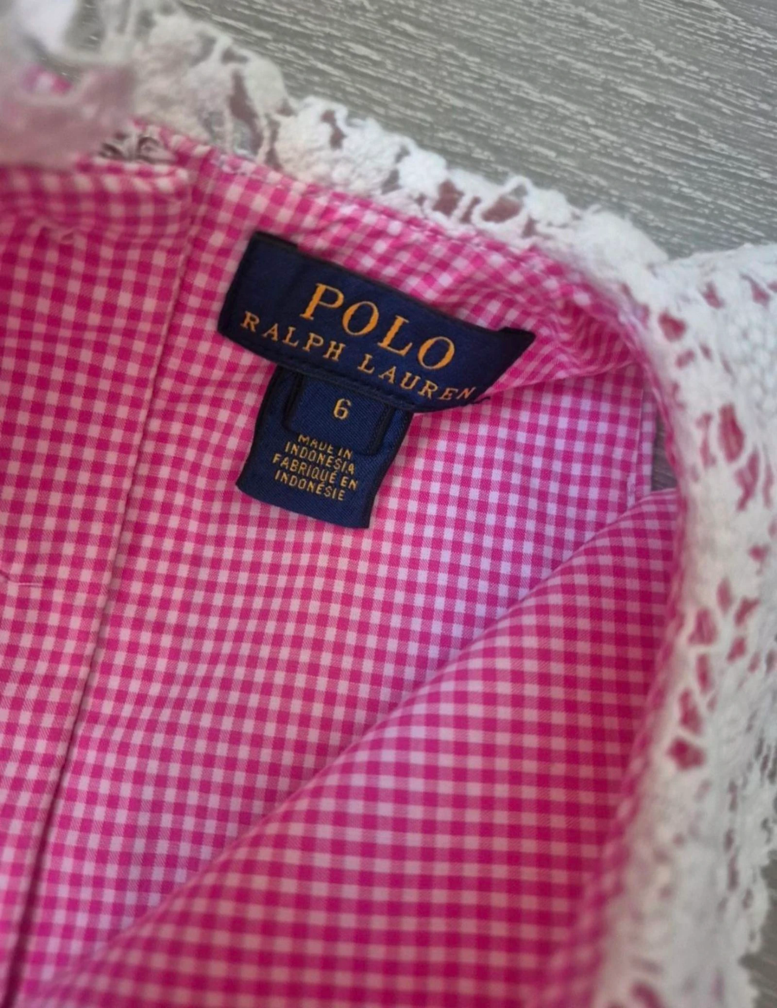Roze Vichy-gestreepte jurk met kanten kraag. Polo Ralph Lauren. Maat 6 jaar. Evenementen. Gasten – photo 2